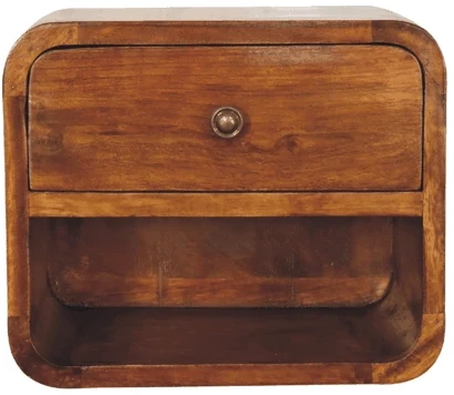 Artisan Furniture Kompaktiškas sieninis mango medienos naktinis staliukas su stalčiumi ir lentyna, kaštono atspalvio