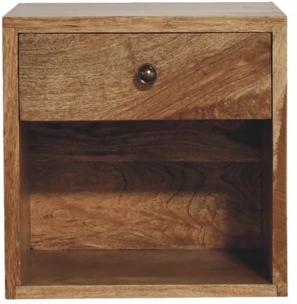 Artisan Furniture Kompaktiškas sieninis mango medienos naktinis staliukas su stalčiumi, ąžuolo atspalvio