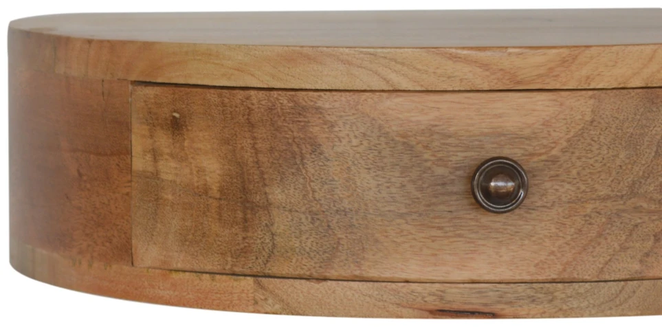 Artisan Furniture Sieninis apvalintų formų mango medienos naktinis staliukas su stalčiumi, ąžuolo atspalvio