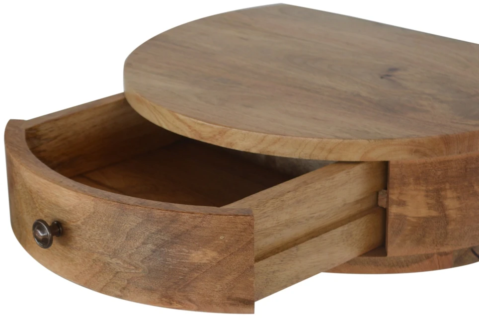 Artisan Furniture Sieninis apvalintų formų mango medienos naktinis staliukas su stalčiumi, ąžuolo atspalvio