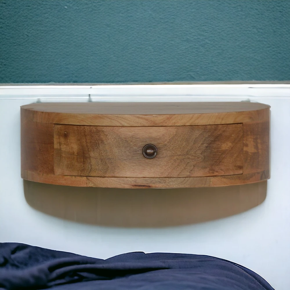 Artisan Furniture Sieninis apvalintų formų mango medienos naktinis staliukas su stalčiumi, ąžuolo atspalvio