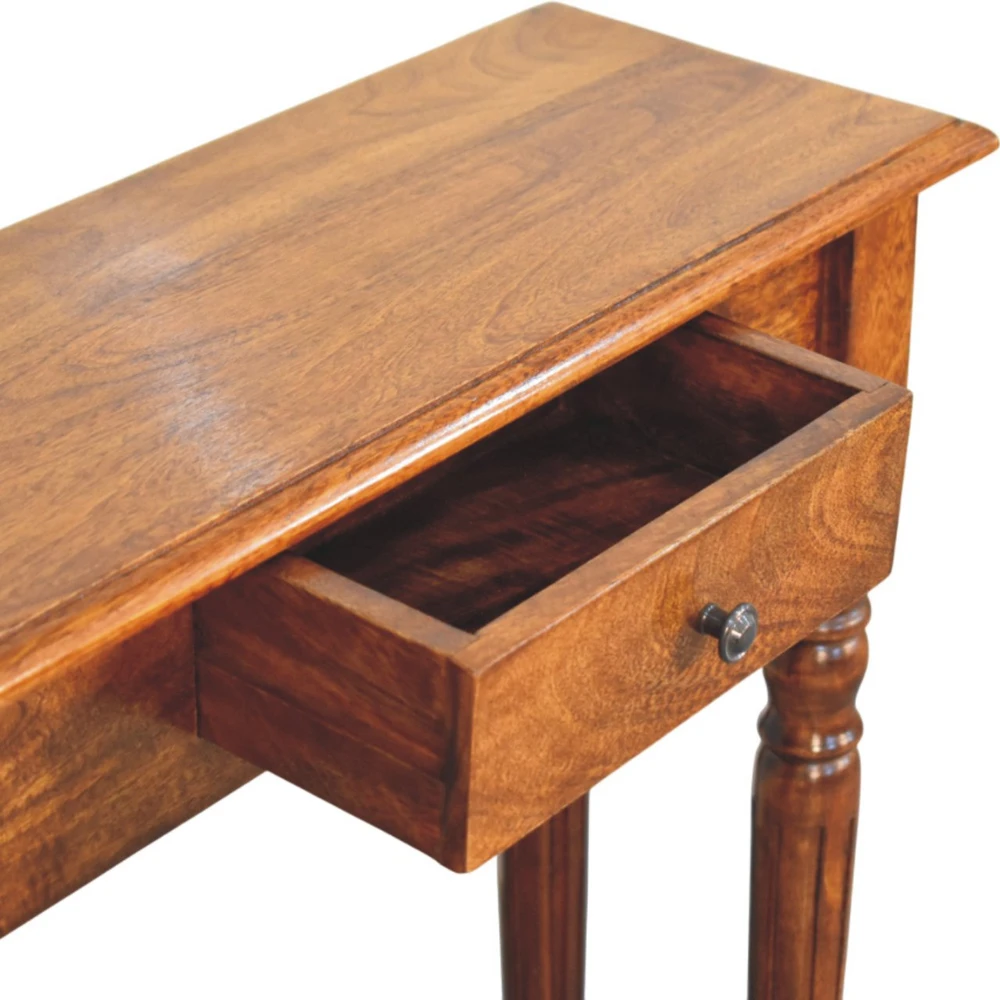 Artisan Furniture Riešutmedžio konsolinis staliukas su tekintomis kojomis su 1 stalčiumi