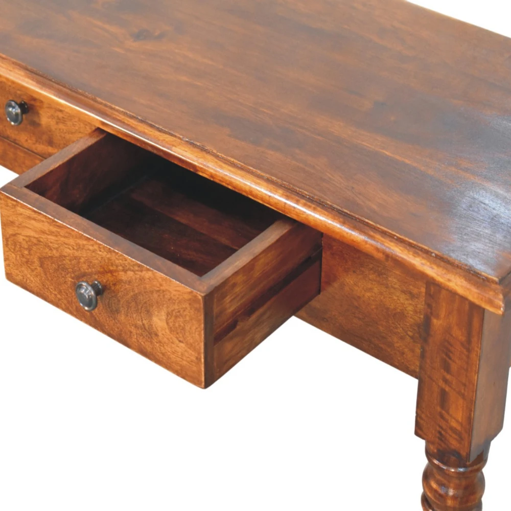 Artisan Furniture Riešutmedžio atspalvio konsolinis staliukas su tekintomis kojomis su 3 stalčiais