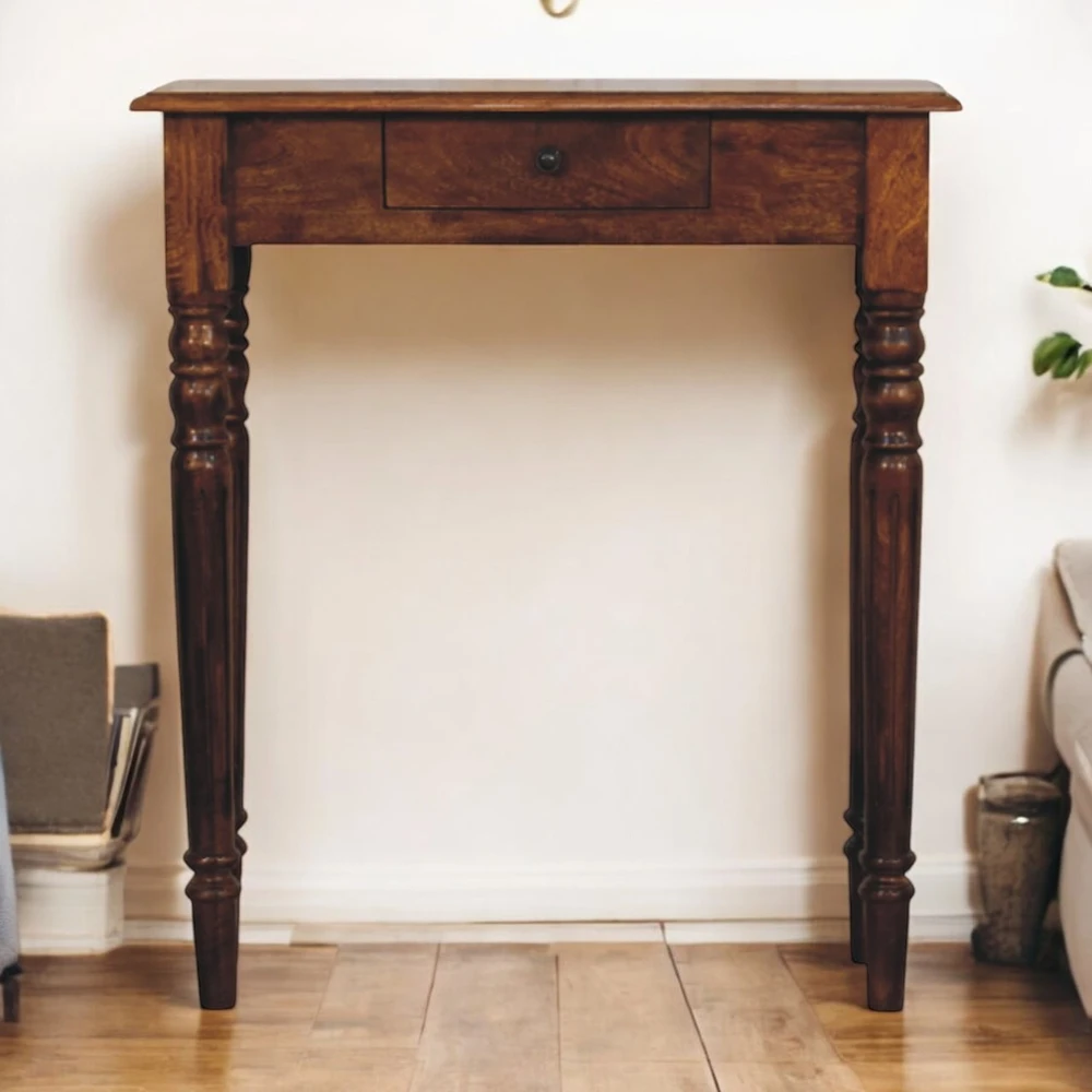 Artisan Furniture Riešutmedžio konsolinis staliukas su tekintomis kojomis su 1 stalčiumi