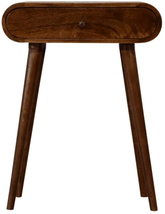 Artisan Furniture Kompaktiškas apvalintų formų mango medienos konsolinis staliukas su 2 stalčiais, kaštono atspalvio