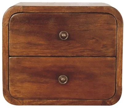 Artisan Furniture Kompaktiškas sieninis mango medienos naktinis staliukas su 2 stalčiais, kaštono atspalvio