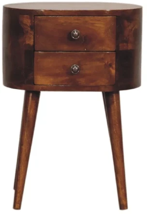 Artisan Furniture Kompaktiškas mango medienos naktinis staliukas su 2 stalčiais, kaštono atspalvio