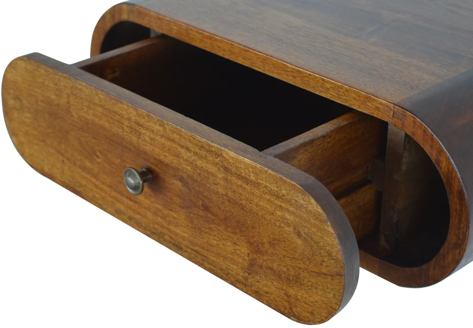 Artisan Furniture Sieninis apvalus mango medienos naktinis staliukas su stalčiumi, kaštono atspalvio