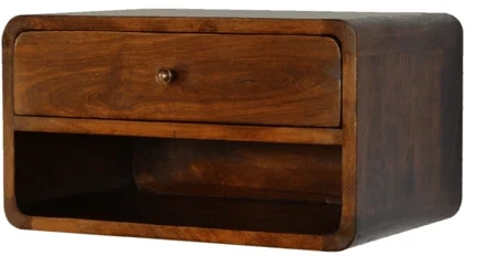 Artisan Furniture Sieninis mango medienos naktinis staliukas su stalčiumi ir lentyna, kaštono atspalvio