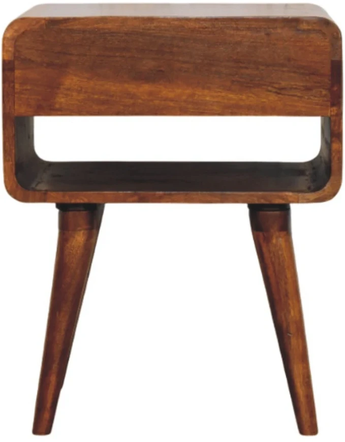 Artisan Furniture Avora mango medienos naktinis staliukas su stalčiumi ir atvira lentyna, kaštono atspalvio