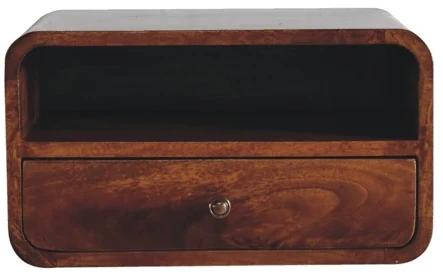 Artisan Furniture Didelis sieninis mango medienos naktinis staliukas su stalčiumi ir lentyna, kaštono atspalvio