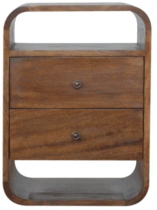 Artisan Furniture Lenktas mango medienos naktinis staliukas su 2 stalčiais ir lentynomis, kaštono atspalvio