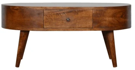 Artisan Furniture Apvalintų formų mango medienos kavos staliukas su 2 stalčiais, kaštono atspalvio