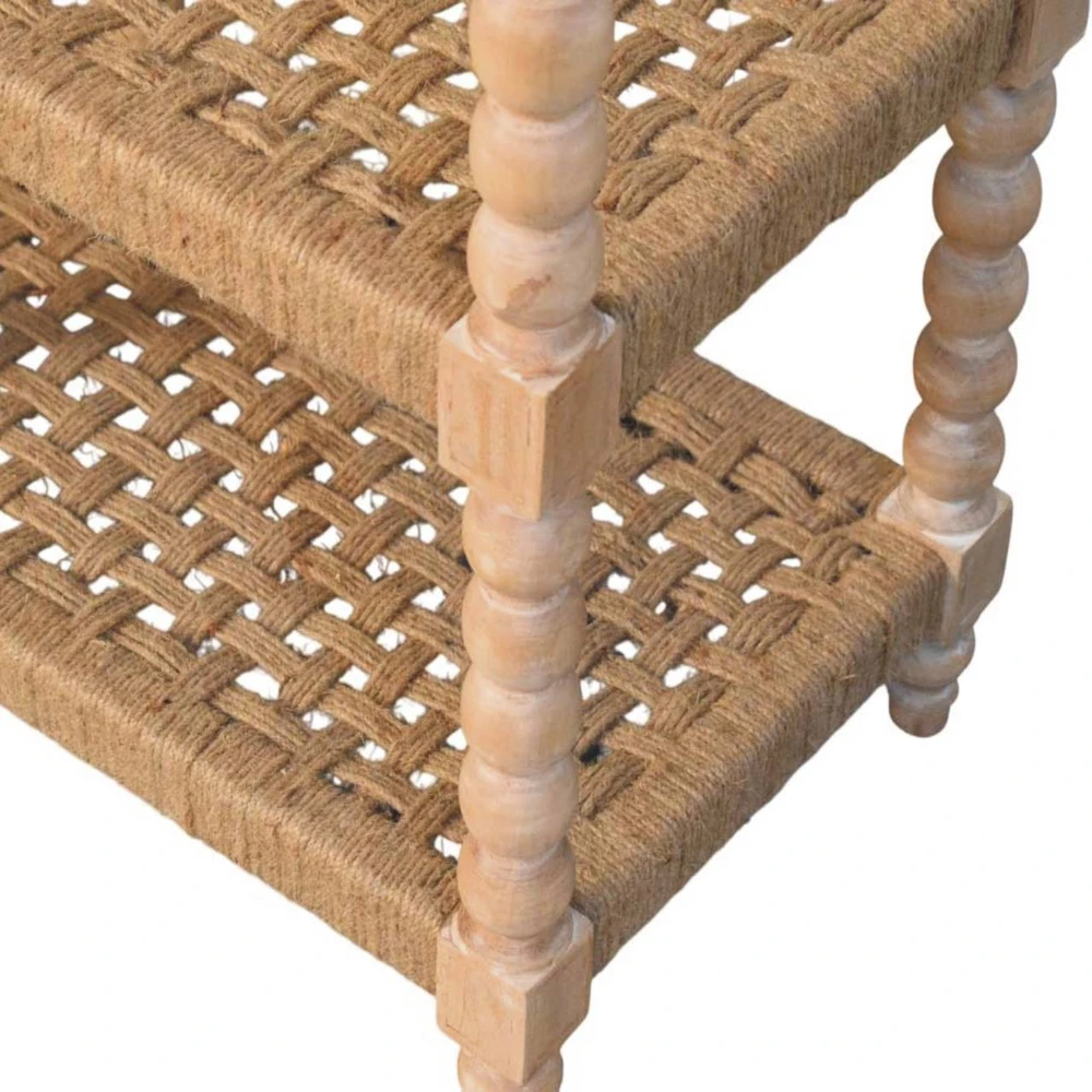 Artisan Furniture Savoy konsolinis staliukas su verpstės formos kojelėmis ir džiuto lentynomis