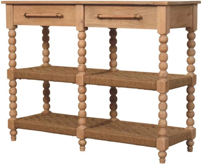 Artisan Furniture Savoy konsolinis staliukas su verpstės formos kojelėmis ir džiuto lentynomis