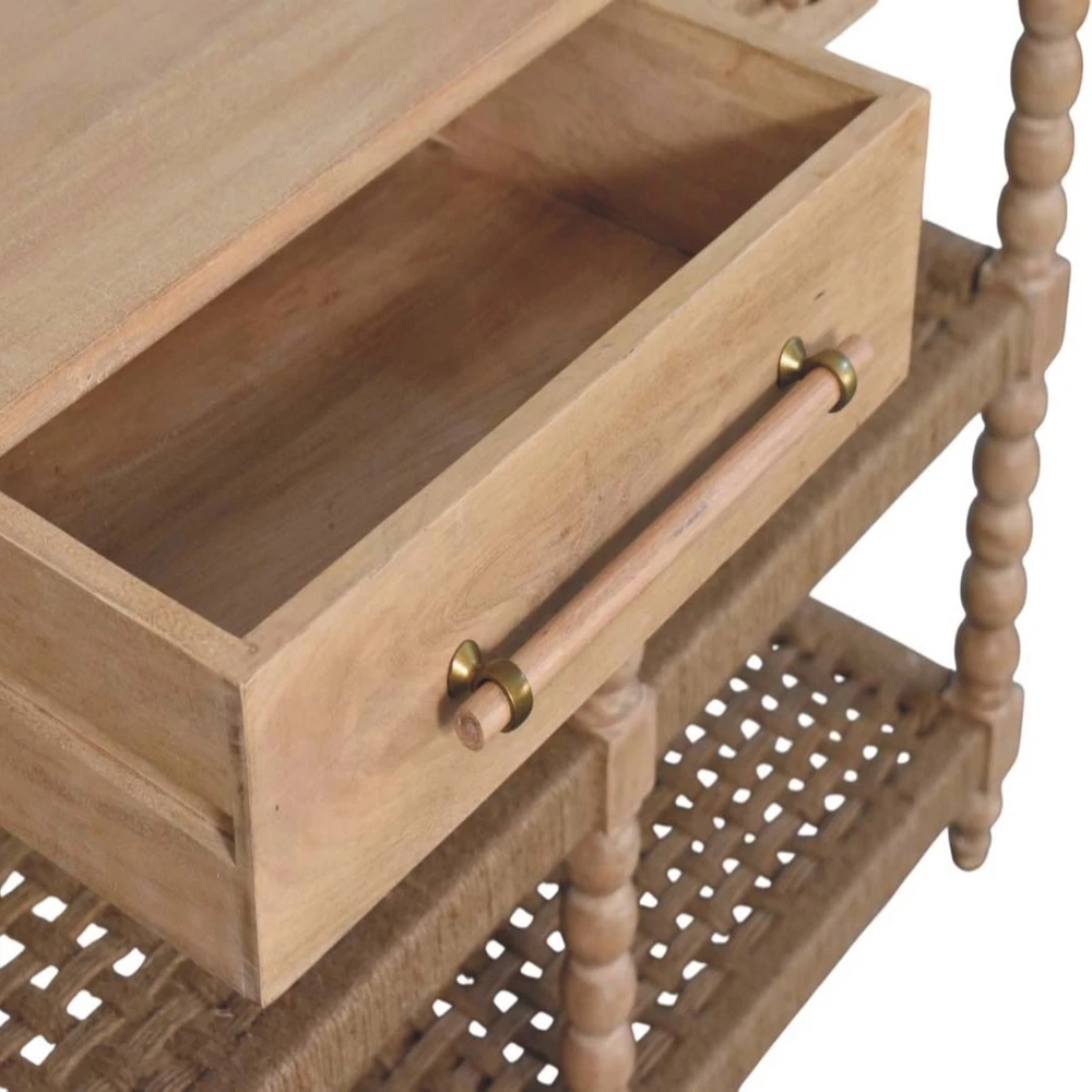 Artisan Furniture Savoy konsolinis staliukas su verpstės formos kojelėmis ir džiuto lentynomis