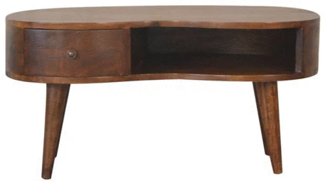 Artisan Furniture Wave mango medienos kavos staliukas su stalčiumi ir lentyna, kaštono atspalvio