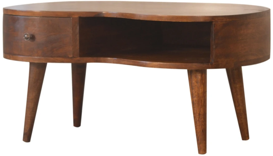 Artisan Furniture Wave mango medienos kavos staliukas su stalčiumi ir lentyna, kaštono atspalvio