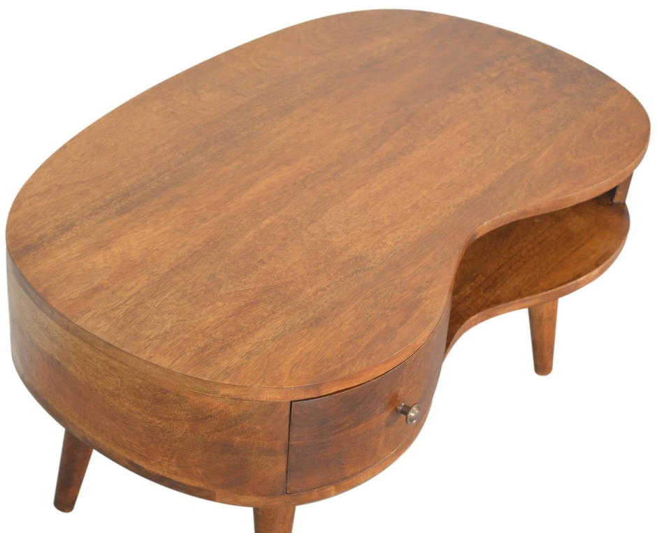 Artisan Furniture Wave mango medienos kavos staliukas su stalčiumi ir lentyna, kaštono atspalvio
