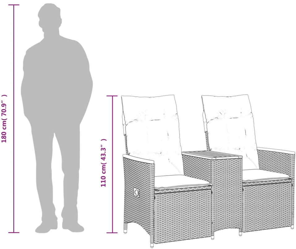 Atlošiama dvivietė sodo sofa su staliuku, pilka, poliratanas