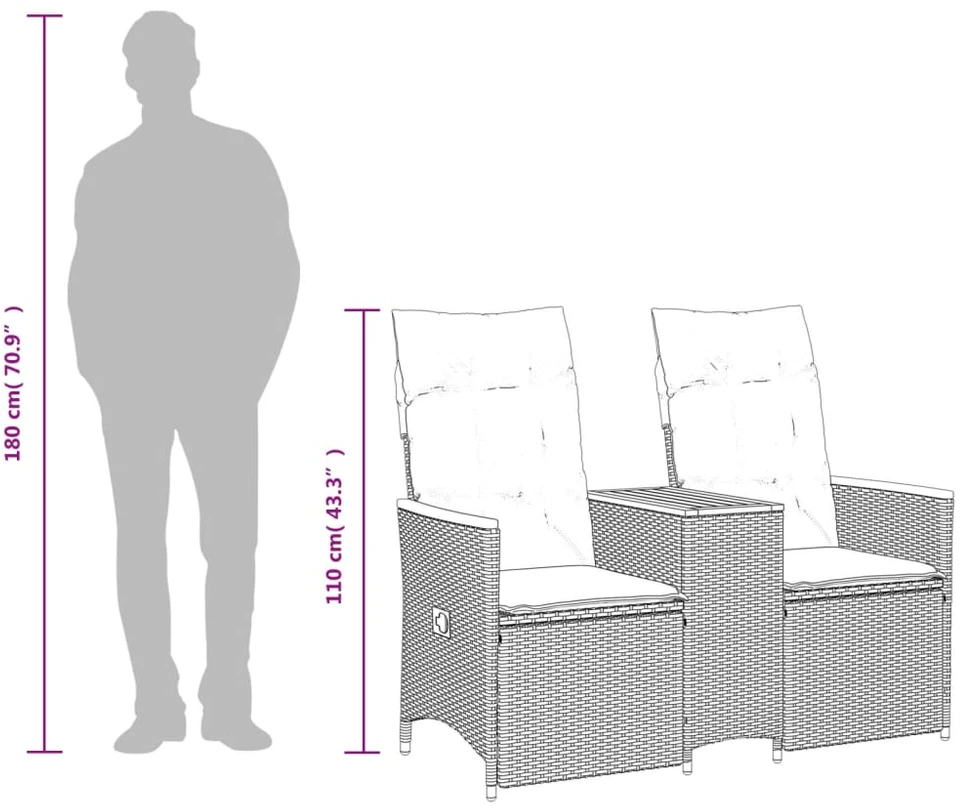 Atlošiama dvivietė sodo sofa su staliuku, juoda, poliratanas