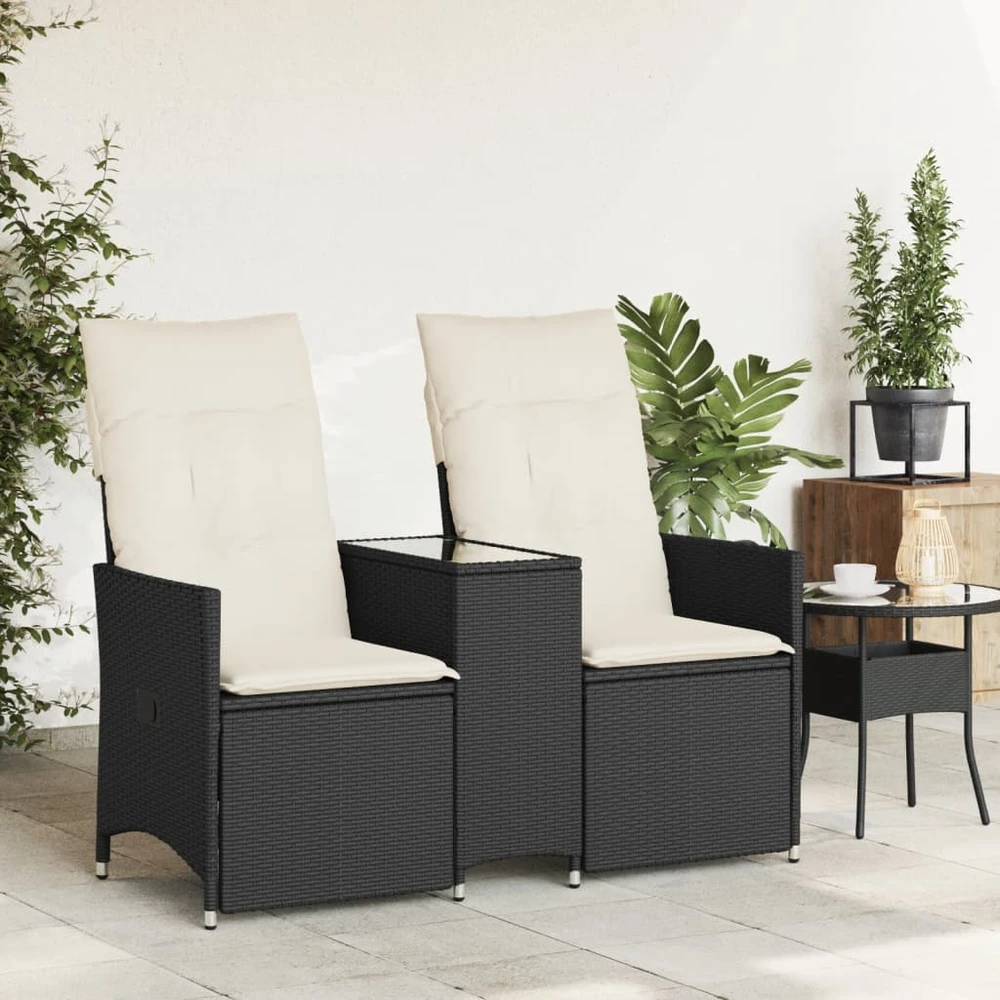 Atlošiama dvivietė sodo sofa su staliuku, juoda, poliratanas