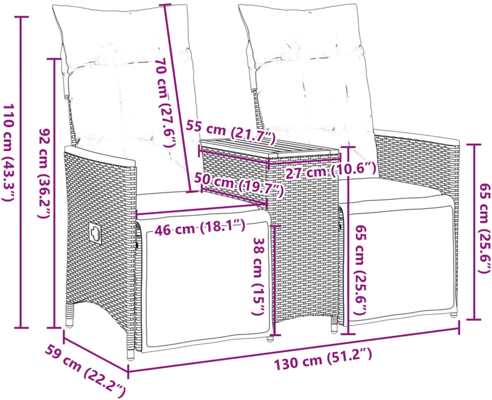 Atlošiama dvivietė sodo sofa su staliuku, juoda, poliratanas