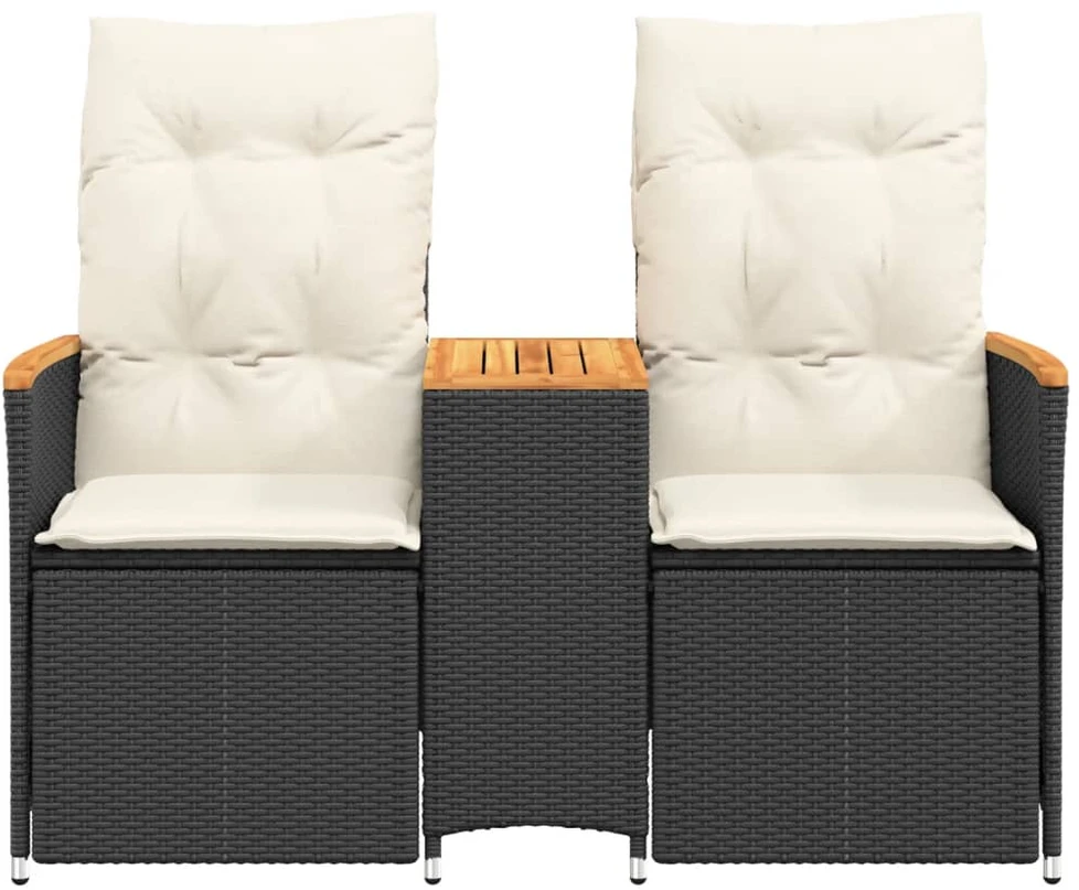 Atlošiama dvivietė sodo sofa su staliuku, juoda, poliratanas
