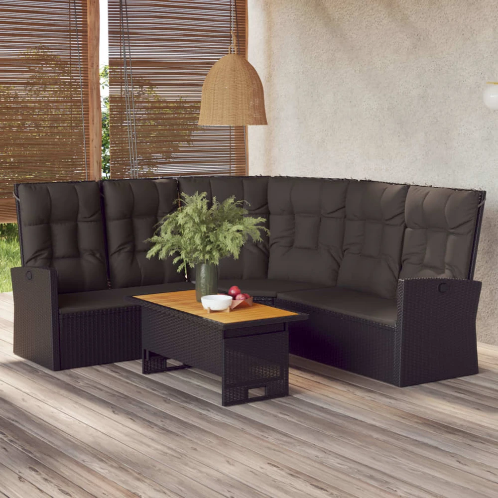 Lauko baldų komplektas Atlošiama kampinė sofa su pagalvėlėmis, juoda, poliratanas