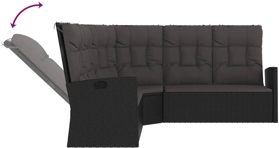 Lauko baldų komplektas Atlošiama kampinė sofa su pagalvėlėmis, juoda, poliratanas
