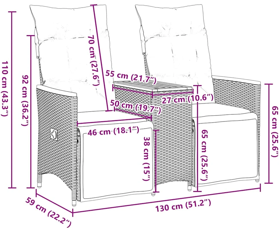 Atlošiama sodo sofa, 2 vietų, su staliuku, pilka, polirotangas