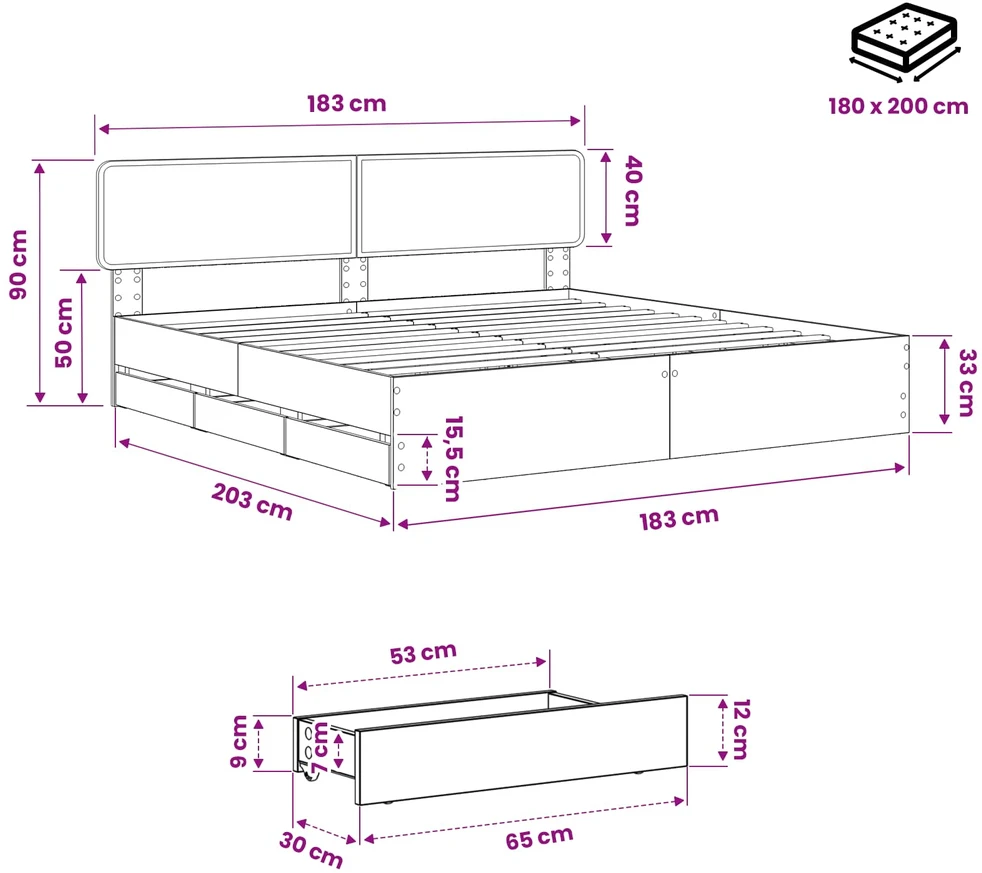 Lova Bed Frame with Storage and Headboard Artisan Oak 180 x 200 cm