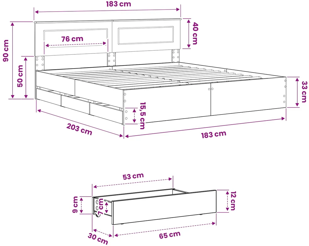 Lova Bed Frame with Storage and Headboard Artisan Oak 180 x 200 cm