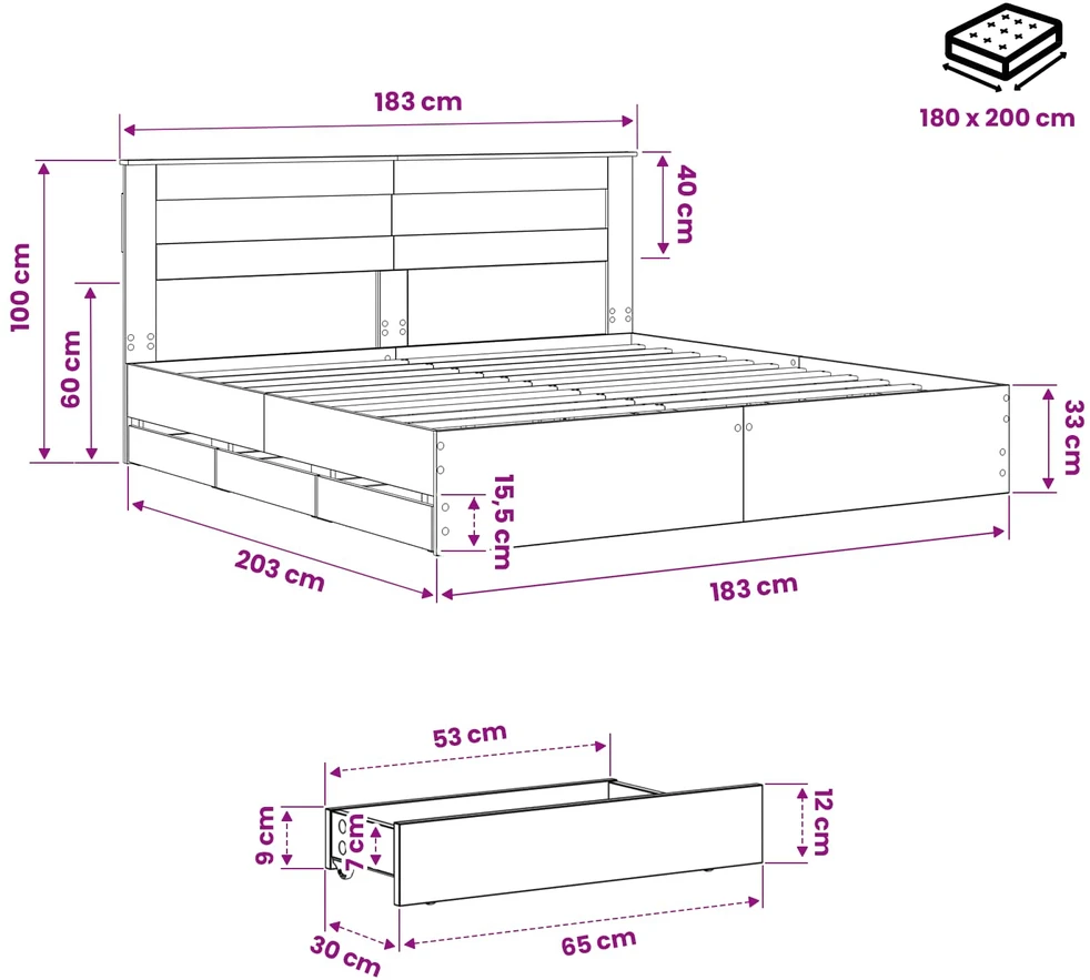 Lova Bed Frame with Storage and Headboard Artisan Oak 180 x 200 cm