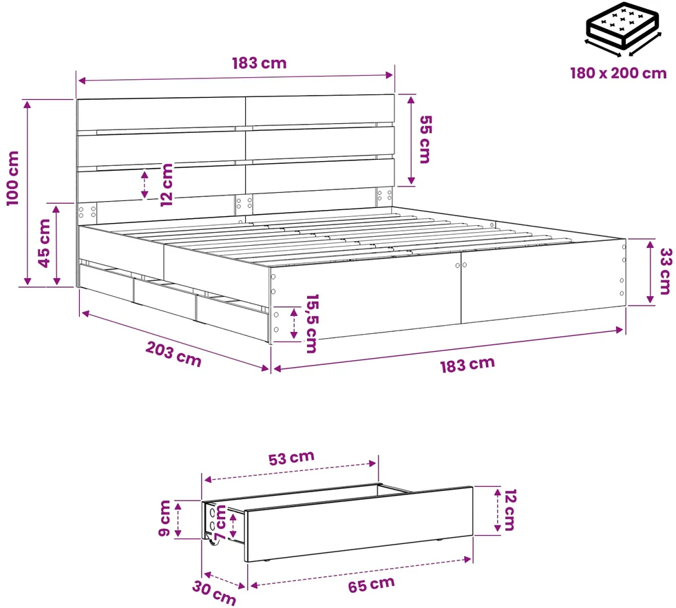 Lova Bed Frame with Storage and Headboard Artisan Oak 180 x 200 cm