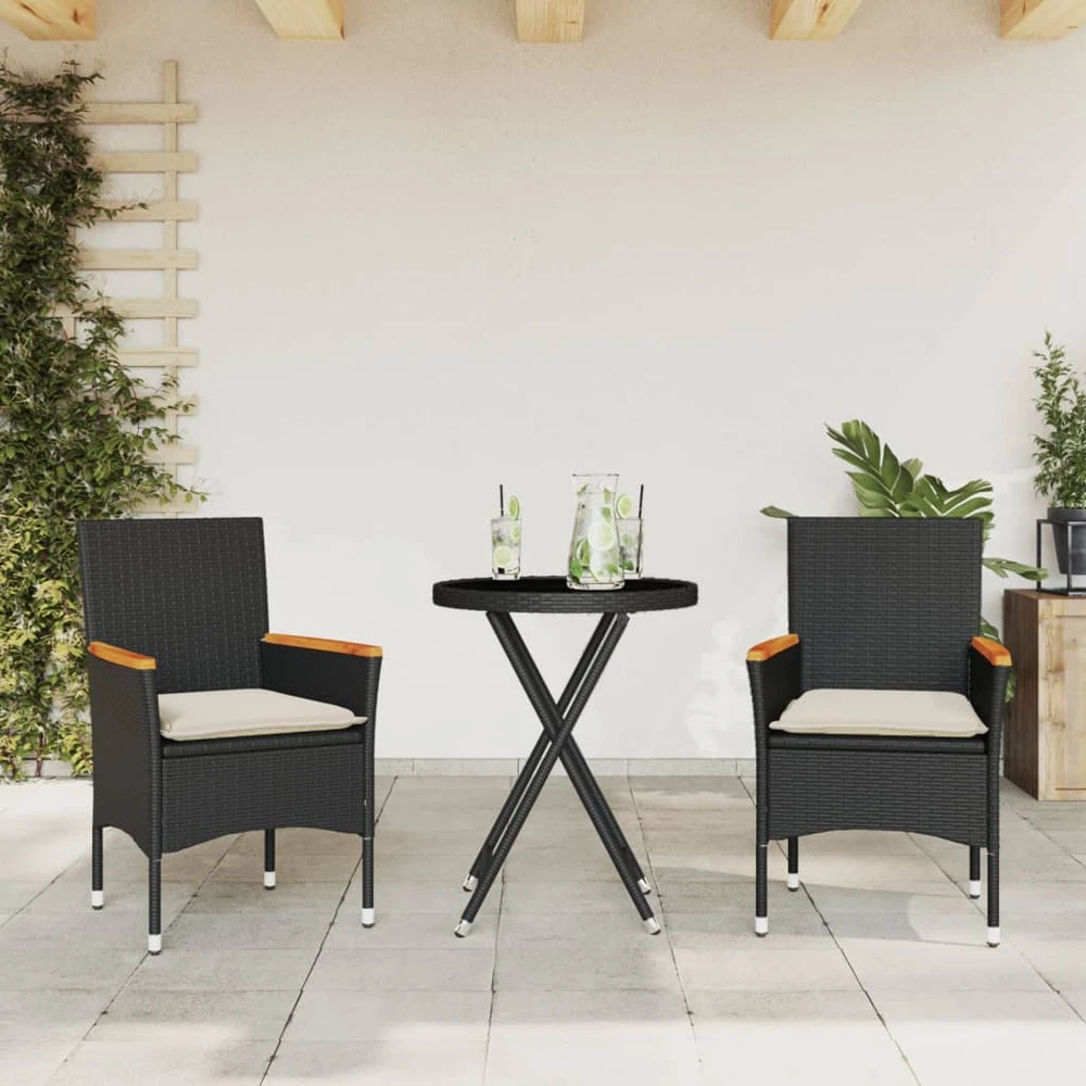 Lauko baldų komplektas Bistro komplektas, 3 dalių, juodas, poliratanas ir stiklas