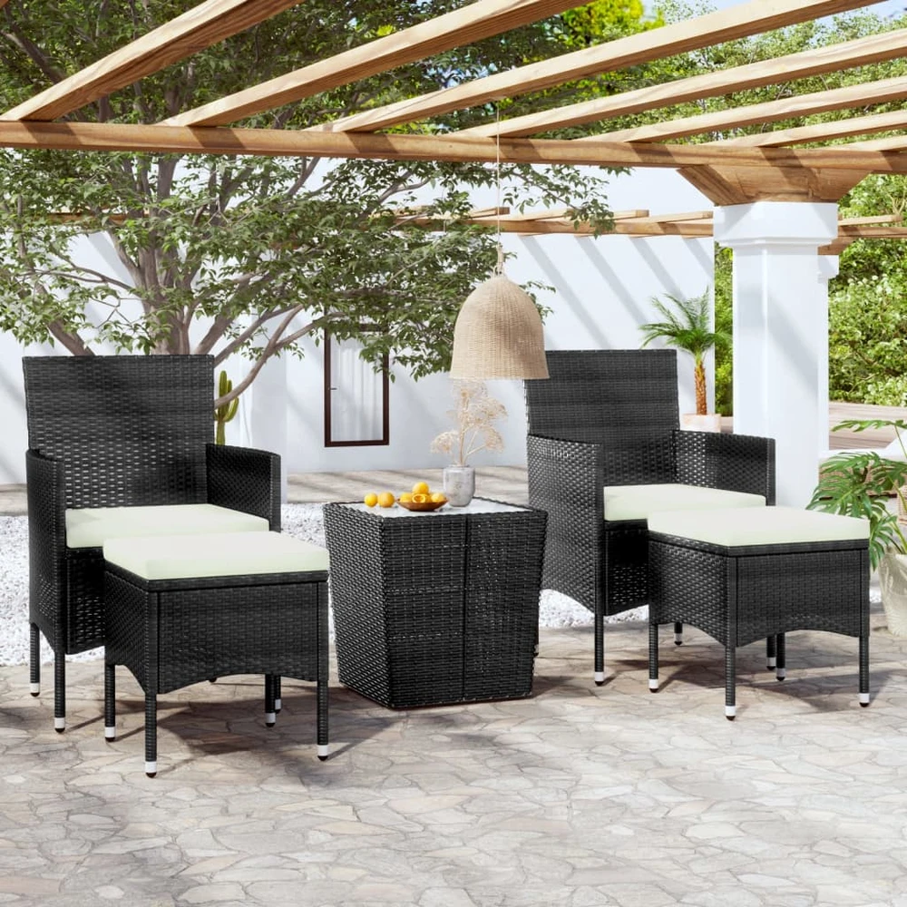 Lauko baldų komplektas Bistro komplektas, 5 dalių, juodas, poliratanas ir stiklas