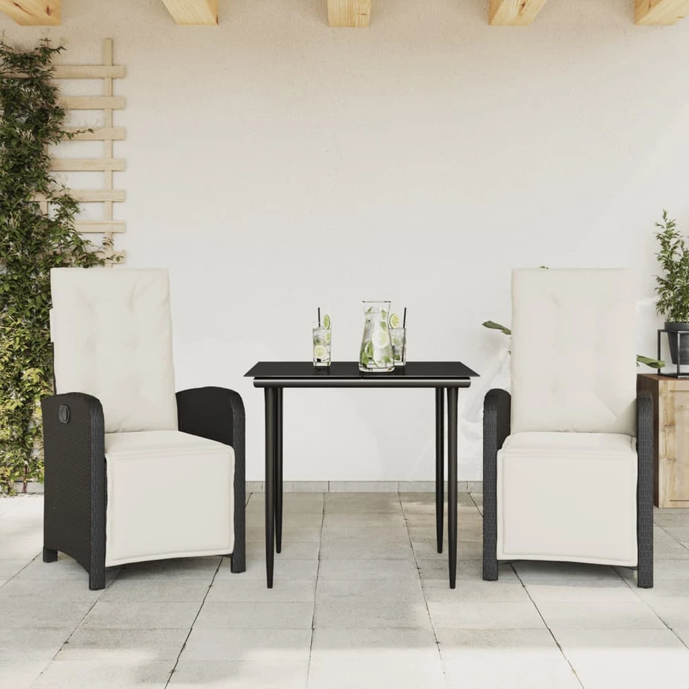 Lauko baldų komplektas Bistro komplektas su pagalvėlėmis, 3 dalių, juodas, poliratanas