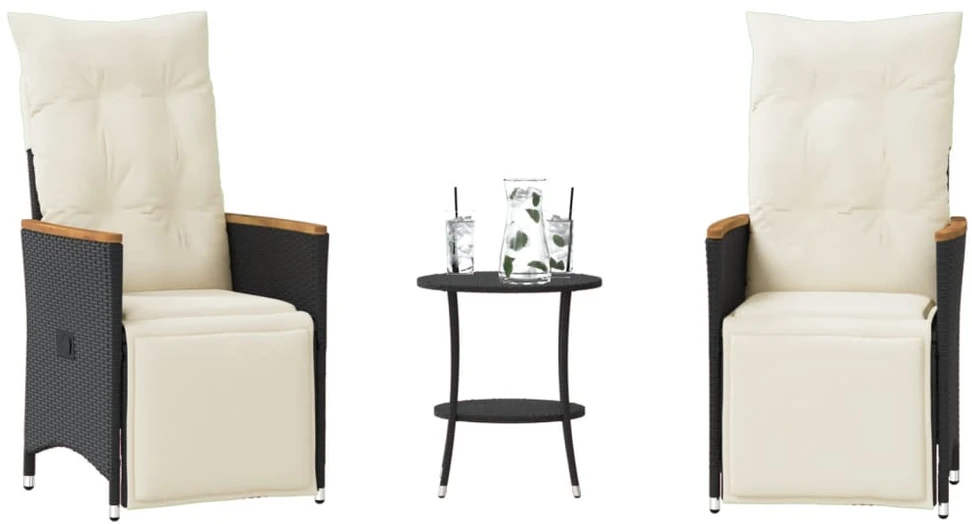Lauko baldų komplektas Bistro komplektas su pagalvėlėmis, 3 dalių, juodas, poliratanas