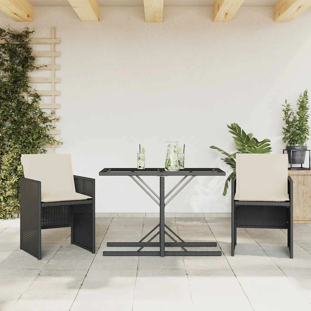 Lauko baldų komplektas Bistro komplektas su pagalvėlėmis, 3 dalių, juodas, poliratanas