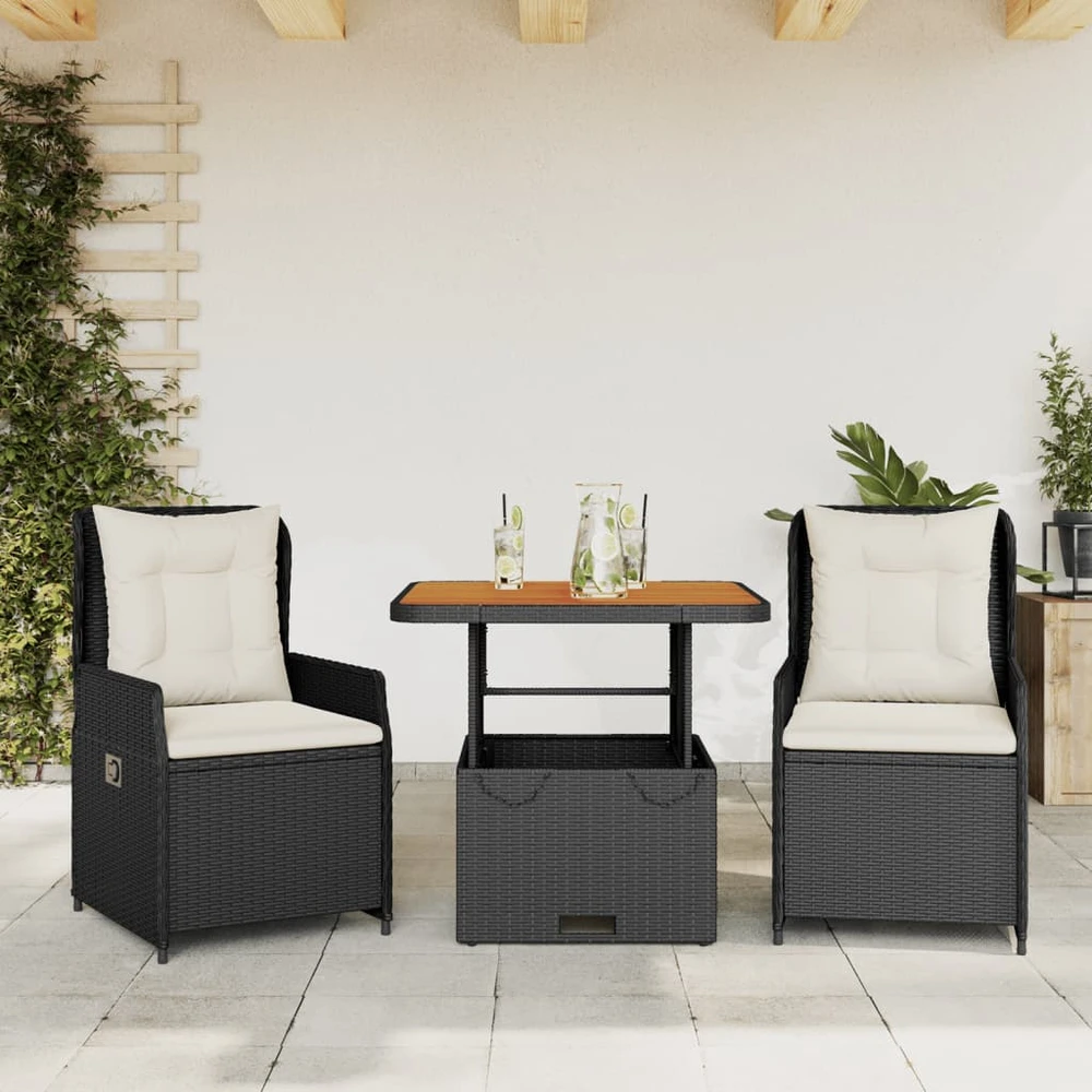 Lauko baldų komplektas Bistro komplektas su pagalvėlėmis, 3 dalių, juodas, poliratanas