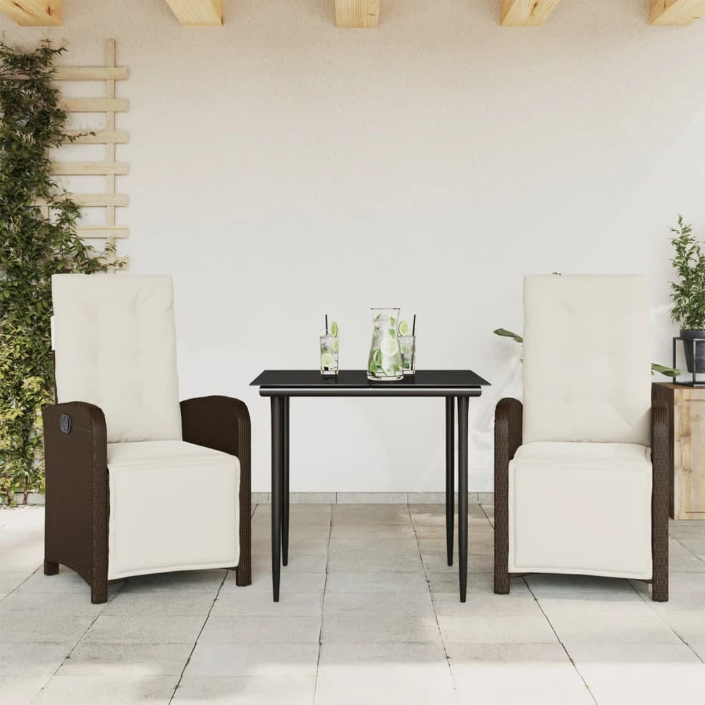 Lauko baldų komplektas Bistro komplektas su pagalvėlėmis, 3 dalių, rudas, poliratanas