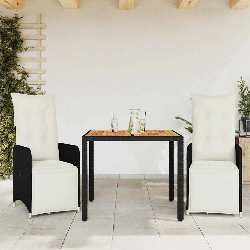 Lauko baldų komplektas Bistro komplektas su pagalvėmis, 3 dalių, juodas, poliratanas