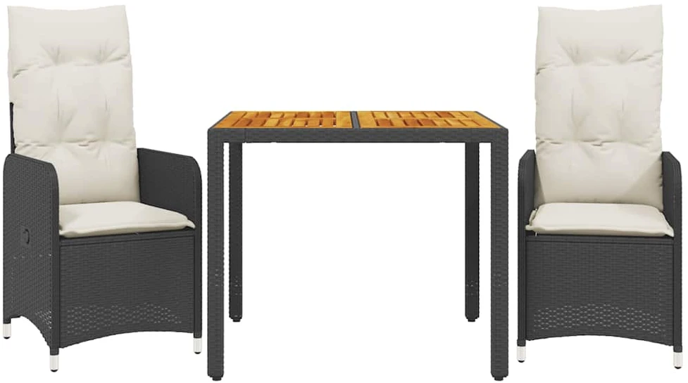 Lauko baldų komplektas Bistro komplektas su pagalvėmis, 3 dalių, juodas, poliratanas