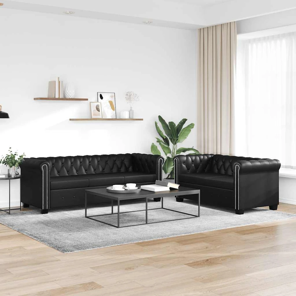 Sofa Chesterfield dvivietė ir trivietė sofos, juodos, dirbtinė oda