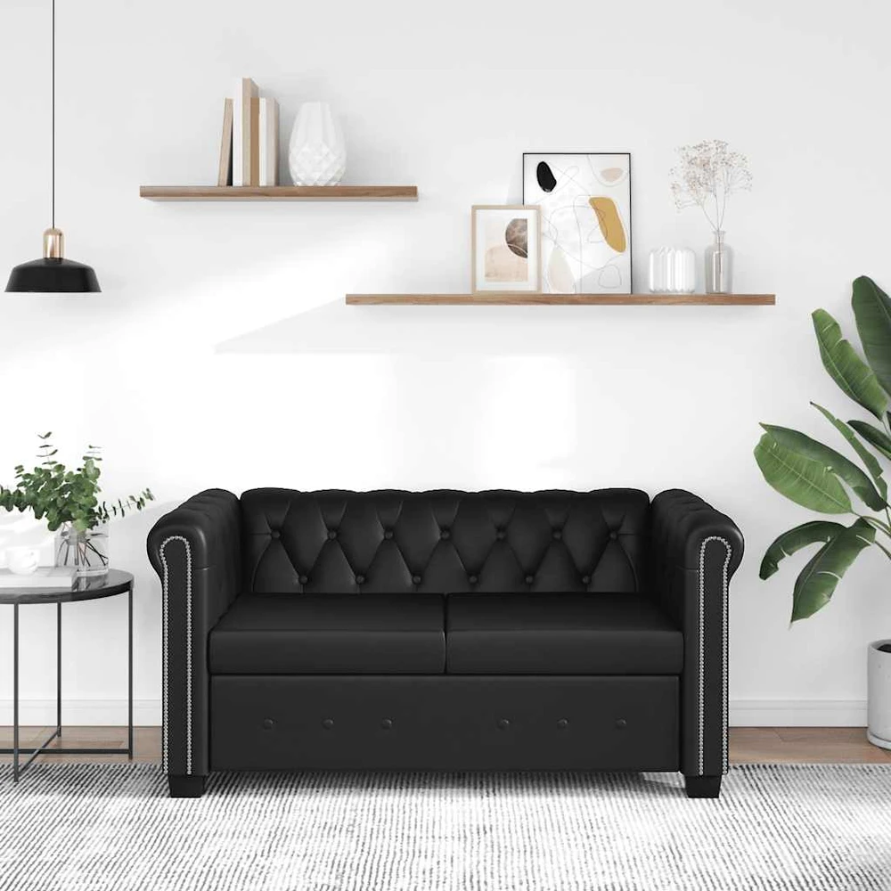 Chesterfield dvivietė sofa, dirbtinė oda, juoda