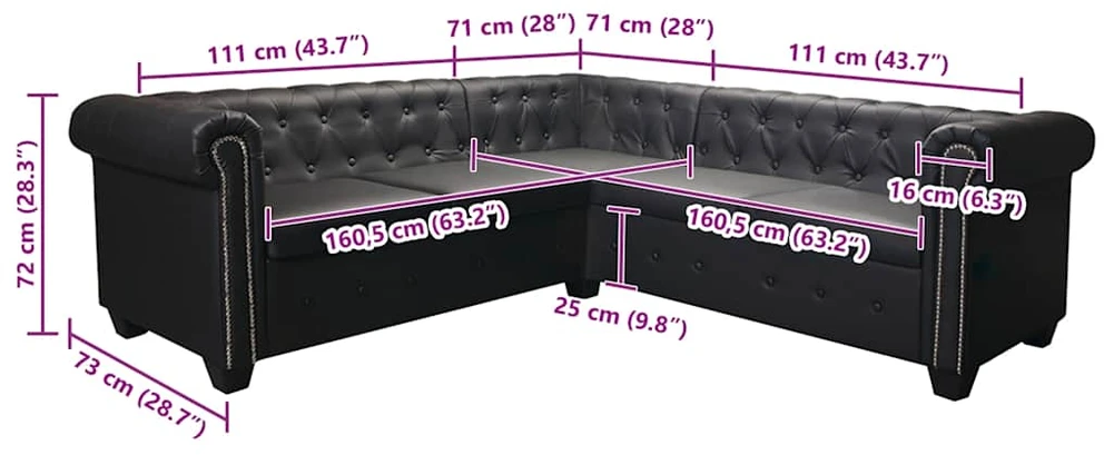 Chesterfield penkiavietė kampinė sofa, juoda, dirbtinė oda