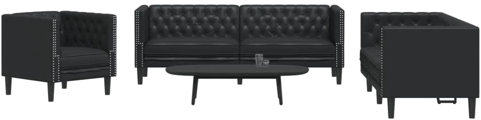 Sofa Chesterfield sofų komplektas, 3 dalių, juodas, dirbtinė oda