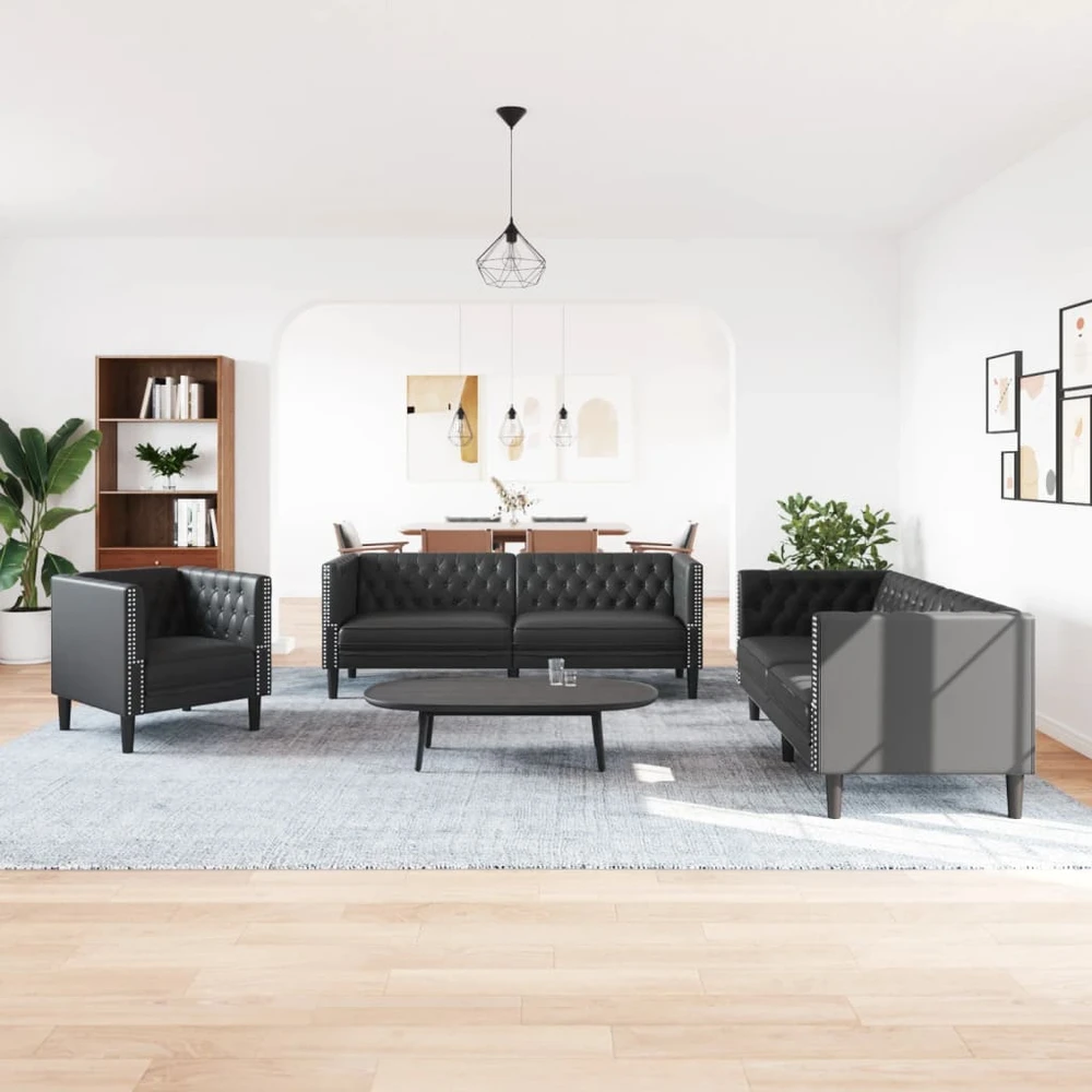 Sofa Chesterfield sofų komplektas, 3 dalių, juodas, dirbtinė oda