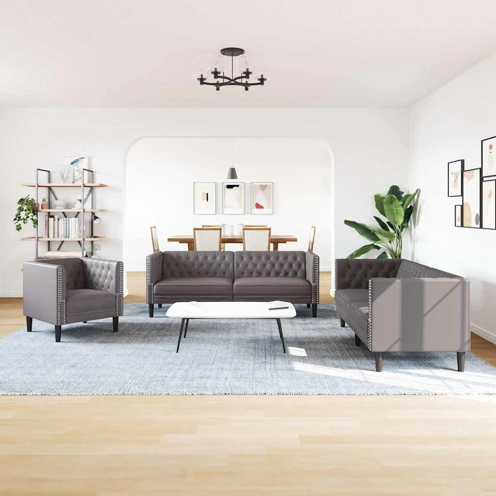Sofa Chesterfield sofų komplektas, 3 dalių, pilkas, dirbtinė oda